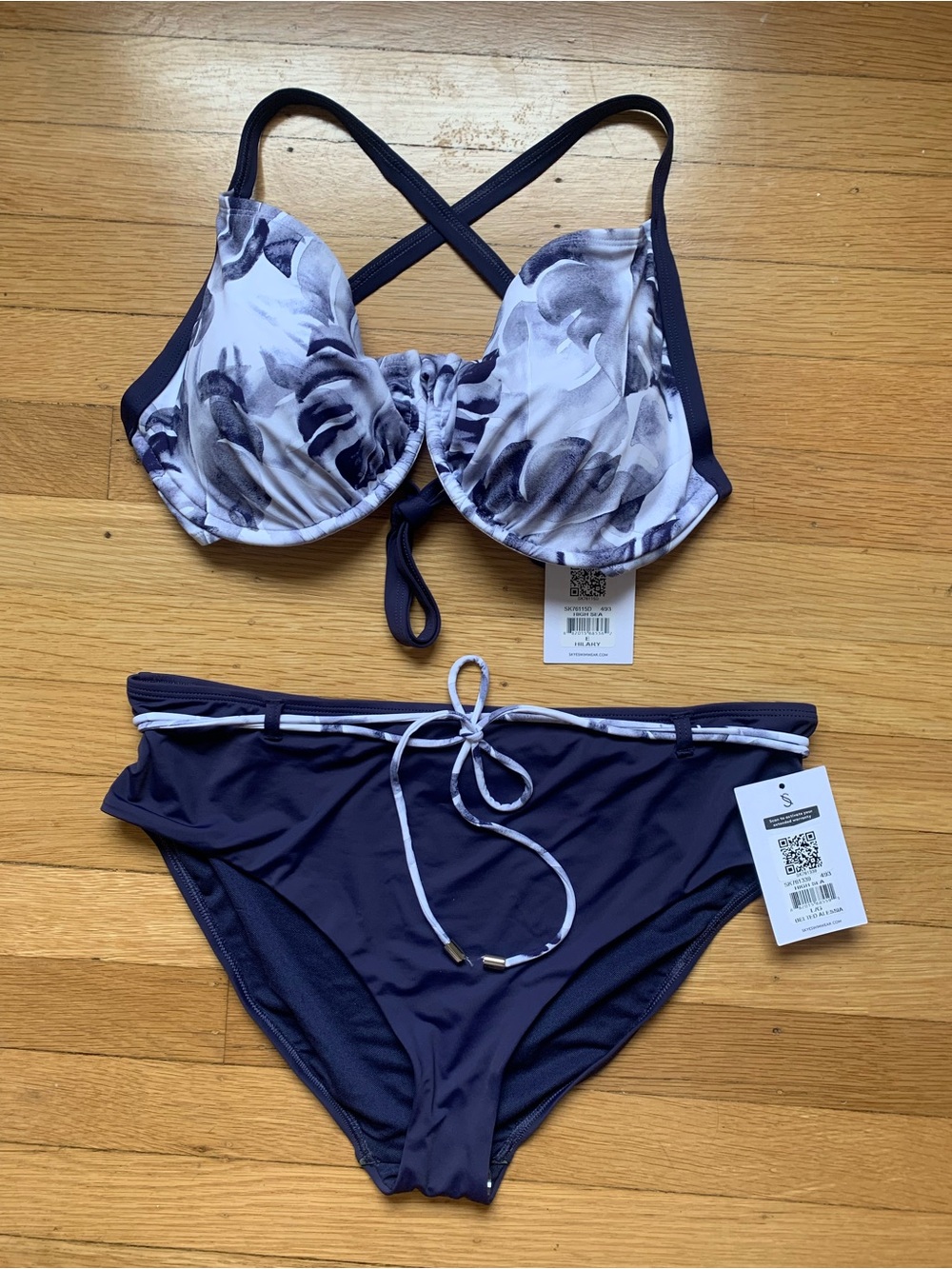 NWT SKYE Hilary High Sea Underwire Blue/White Print Waist-Tie Bikini Size L